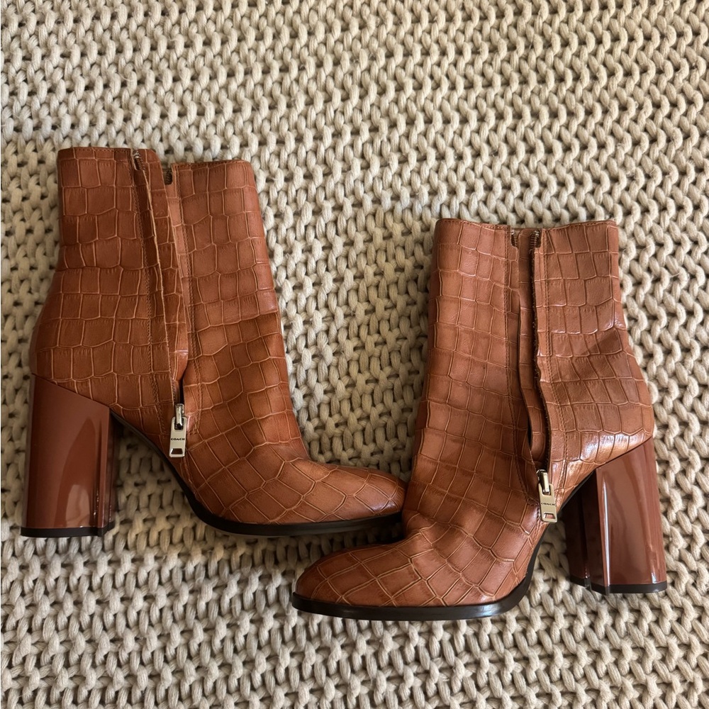 Coach Tan Croc-Embossed Heeled Bootie - Picture 2 of 7